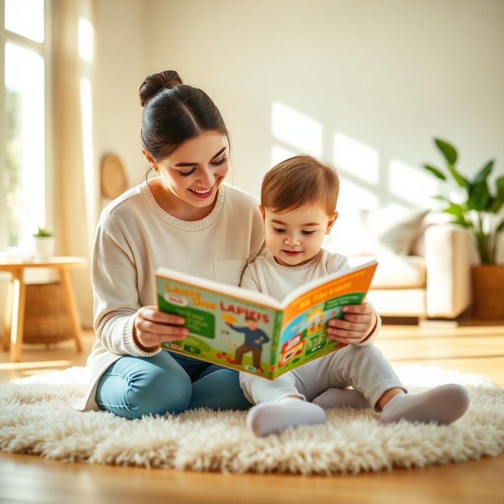 Babá lendo livro infantil para criança